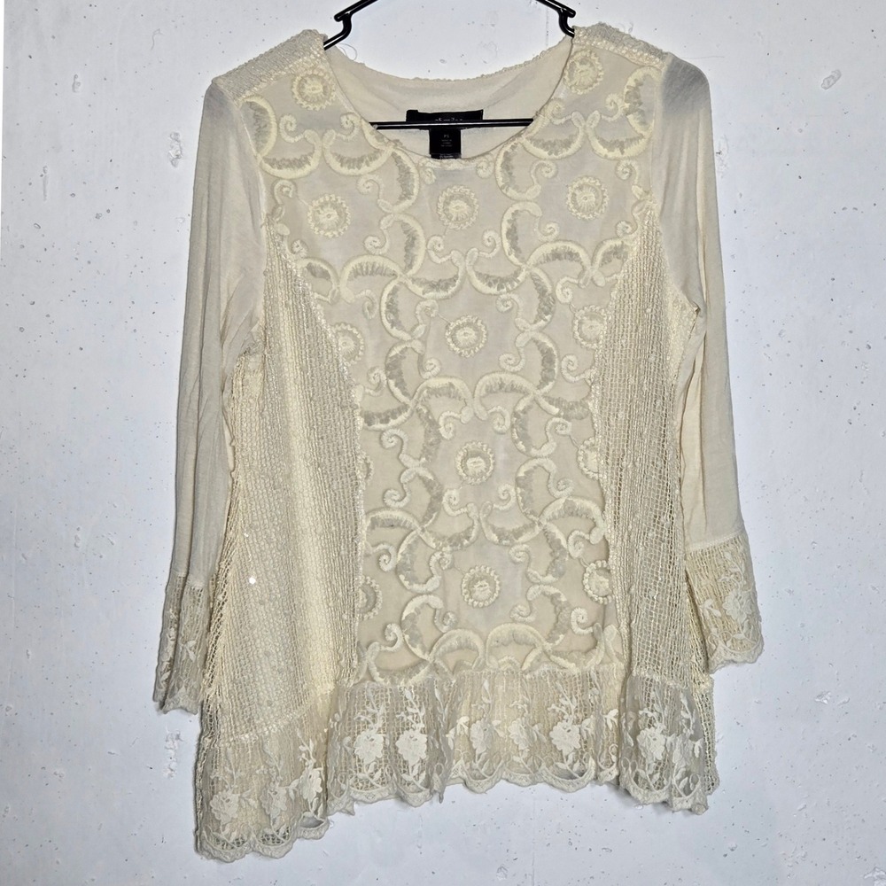Ali Miles Lace Knit Mixed Media Long Sleeve Top PS Petite Small Boho Ethereal
